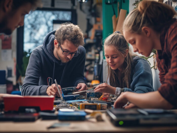 Diverse group collaborates at community repair cafe to fix electronics promoting ethical consumption and sustainability