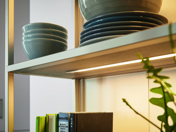 Plates stacked on open shelves