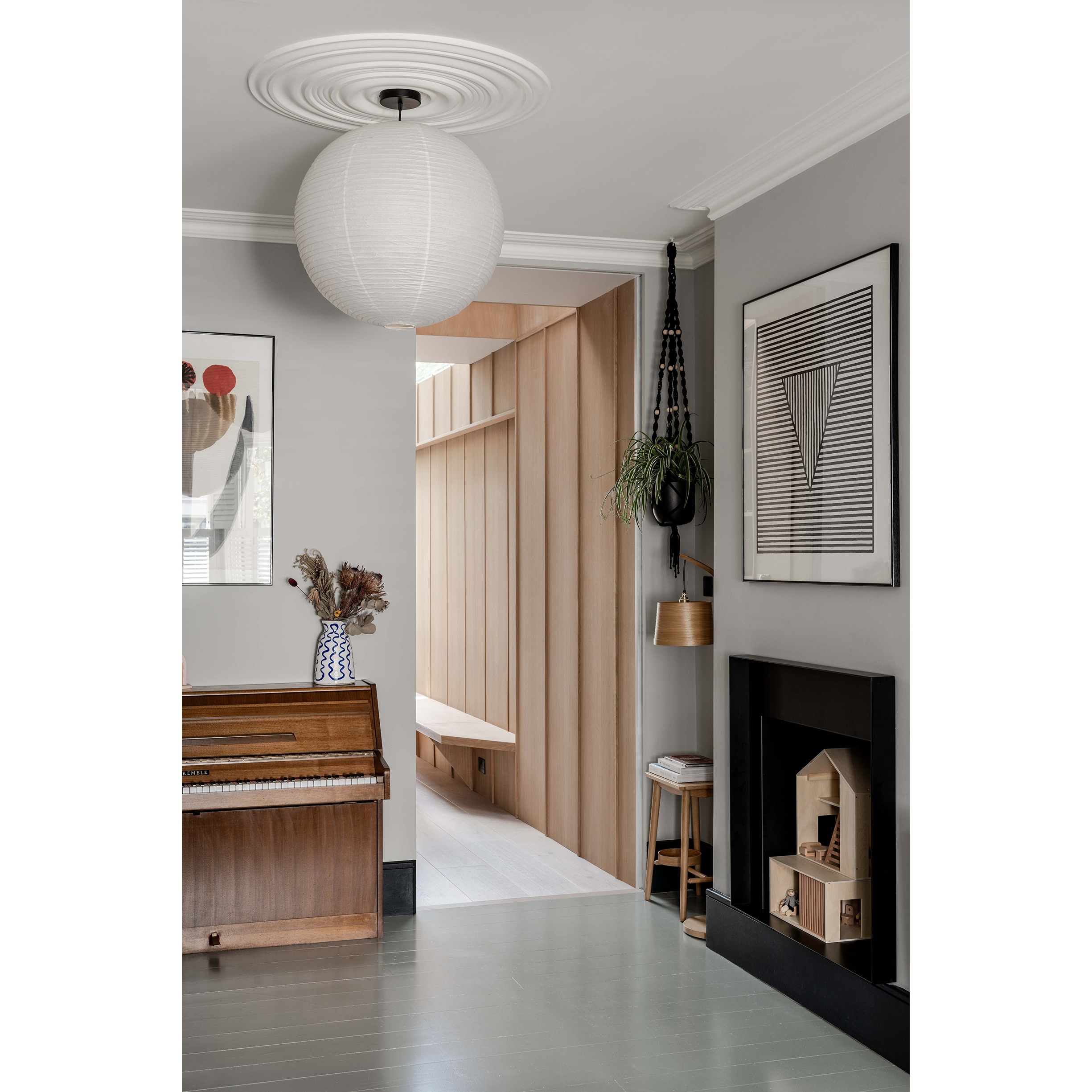 The play room with custom steel fire surround and new ceiling rose