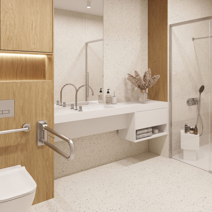 Accessible bathroom with shallow sink and grab rail