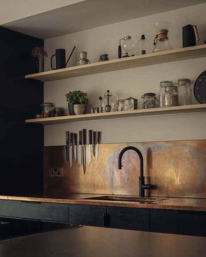 Open shelves and sink in the kitchen